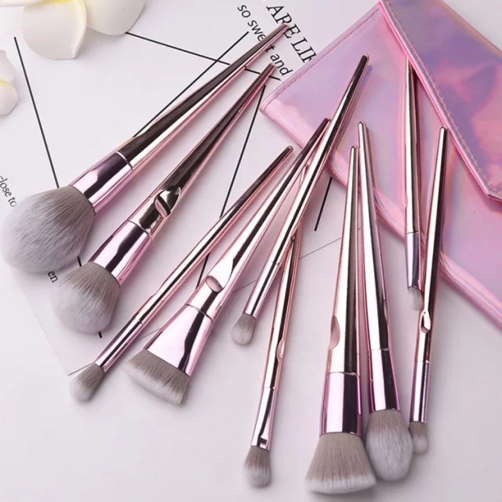 Metallic pink brush set with pouch
